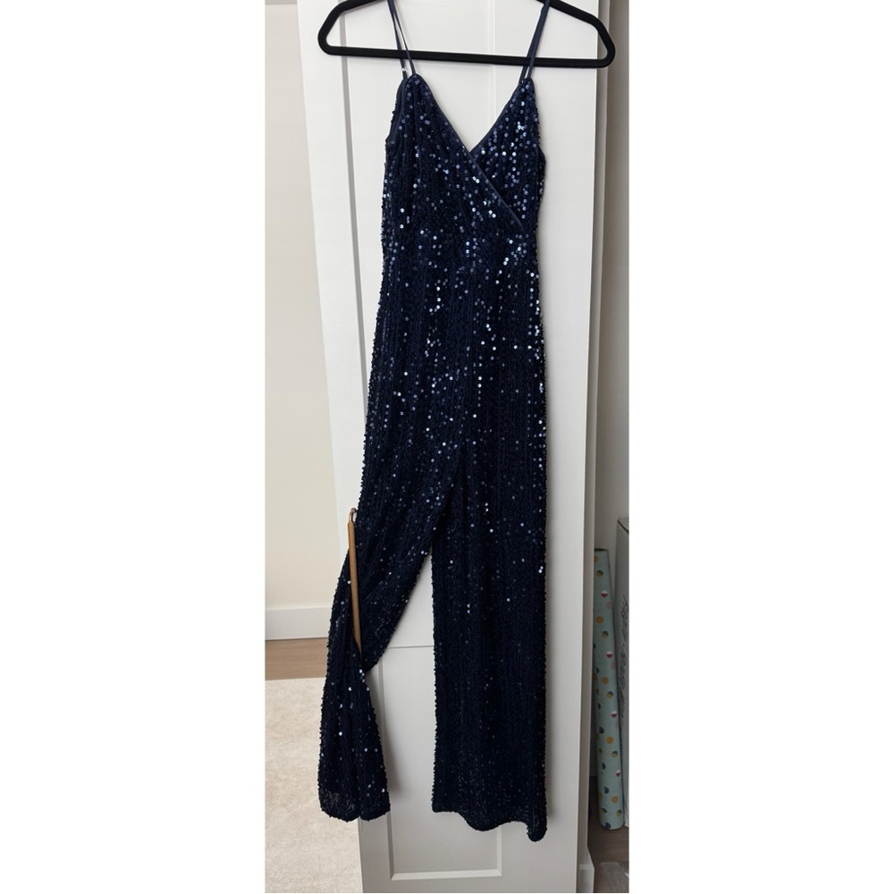 Lulus Navy Sequin Spaghetti-Strap Jumpsuit